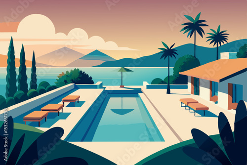 swimming pool at sunset