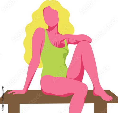 Woman with blonde hair sitting on bench in casual green top vector illustration 