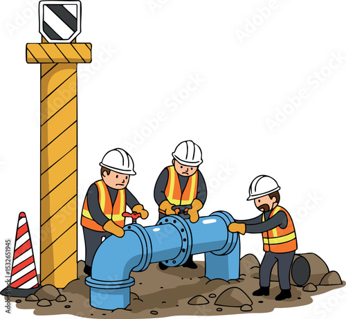 Construction workers fixing large blue pipeline with safety gear and traffic cone vector illustration 