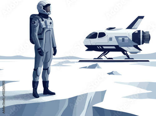 Astronaut in space suit standing near futuristic spaceship on icy terrain vector illustration 