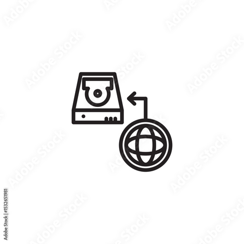 An icon representing global data transfer or internet connectivity, featuring a portable hard drive connected by an arrow to a globe, symbolizing worldwide network communication.