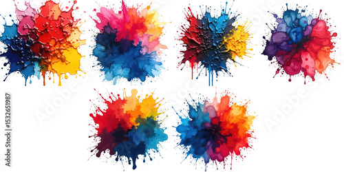 Set of vibrant abstract ink splashes in various color combinations featuring intricate textures and dynamic shapes against a transparent background suitable for creative design use.