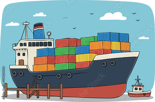 Cargo ship loaded with colorful containers at the dock vector illustration 