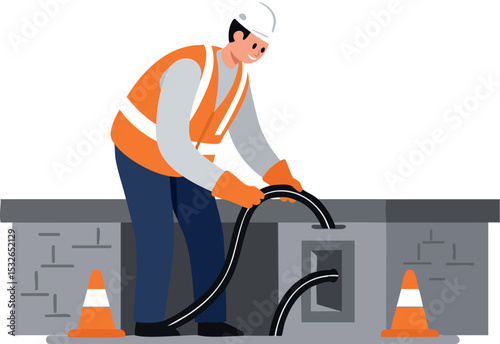 Construction worker inspecting underground cable in safety gear with orange vest and cones vector illustration 