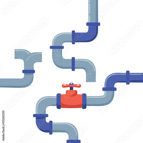 Plumbing system with interconnected pipes and red valve for water flow control vector illustration 