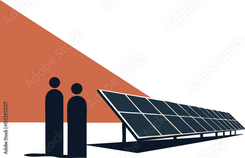 Solar panel installation with two people silhouette in minimalist vector design 