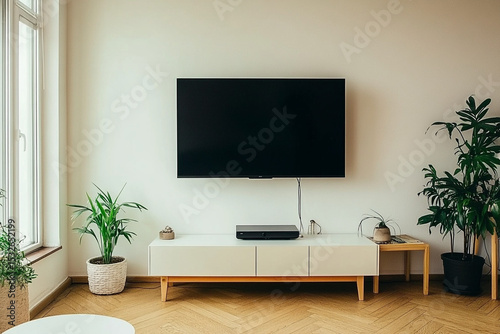 Modern Living Room Interior with Mounted TV, Neutral Tones, and Minimalist concept home media cozy