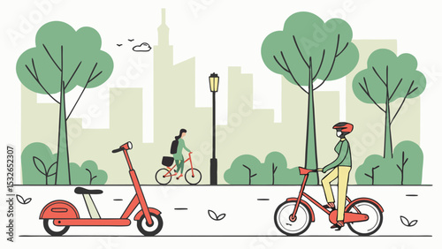 Illustration of people riding bicycles and scooters in a park with trees and a city skyline in the back