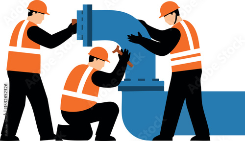 Construction workers installing large blue pipe in safety helmets and vests vector illustration 