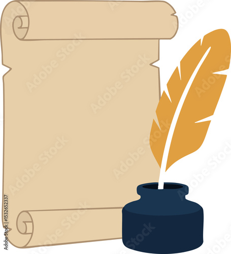 Vintage parchment scroll with feather quill and ink pot writing instruments vector illustration 