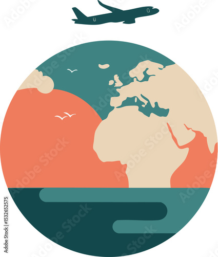 Earth globe with airplane flying above vector illustration in muted colors travel concept