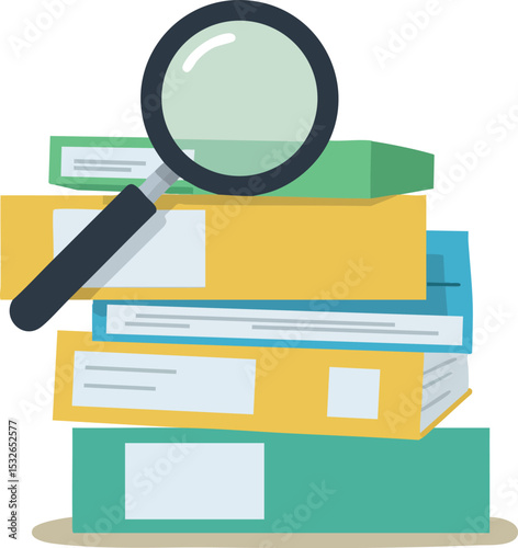 Stack of colorful folders with magnifying glass on top for research and organization vector illustration 