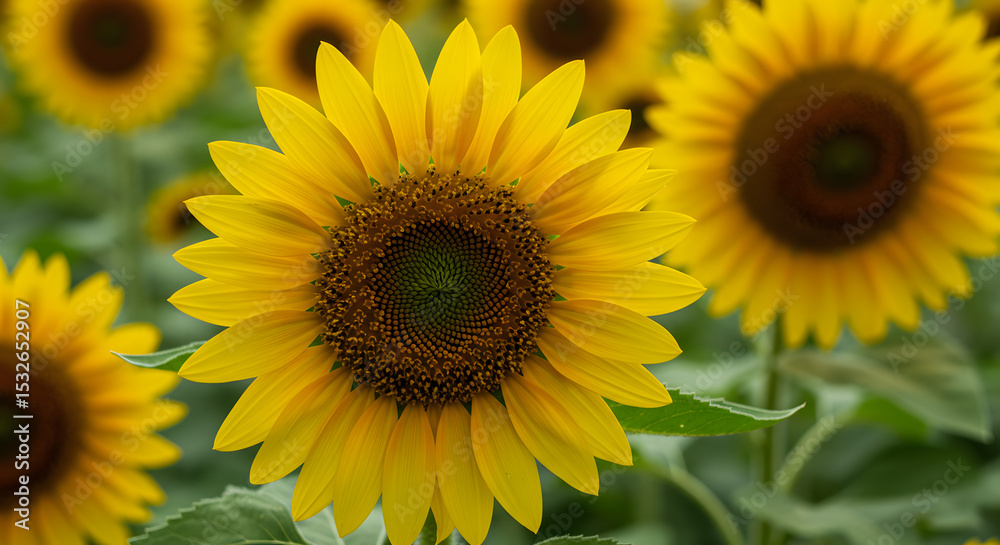 Obraz premium Close-Up of a Sunflower with Blurry Field of Sunflowers in Background