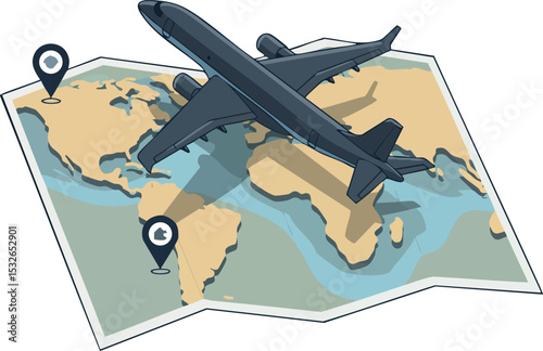 Airplane flying over world map with location pins for travel planning vector illustration 