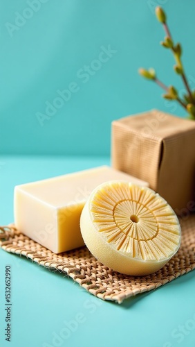 Beige Plant-Based Sponge with Soap and Jute Cloth on Cyan Background – Clean Beauty Product Mockup