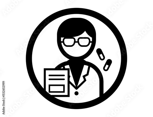 白衣を着た薬剤師のシンプルな丸いモノクロイラストアイコン