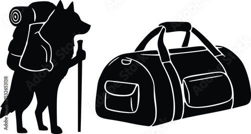 Silhouette of upright dog with backpack and walking stick beside duffel bag, symbolizing travel or hiking adventure