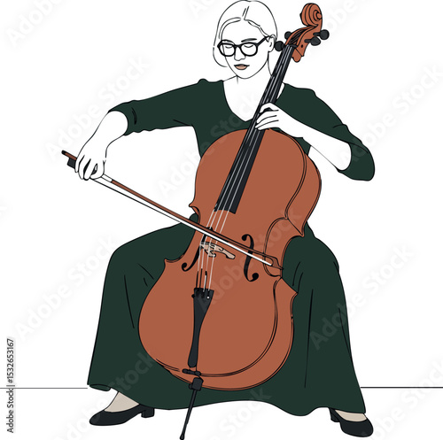 Woman playing cello in dark green dress with glasses seated and focused vector illustration 