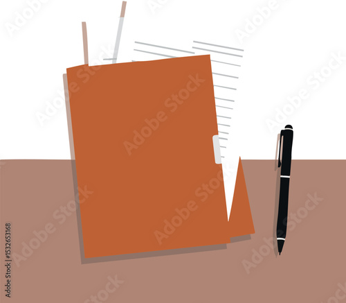 Office folder with documents and pen on desk vector illustration in brown shades 