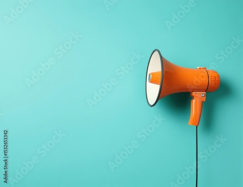 An orange megaphone is mounted on a turquoise wall, symbolizing communication and attention.
