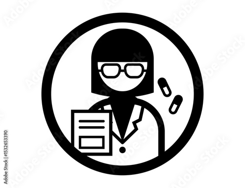 白衣を着た薬剤師のシンプルな丸いモノクロイラストアイコン