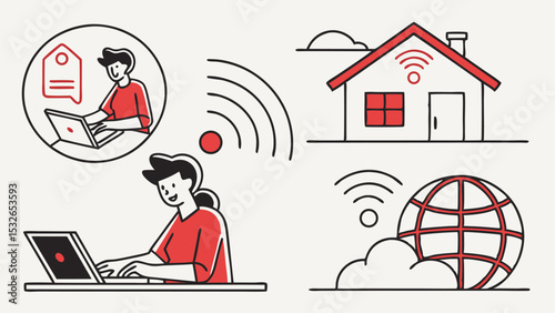 Illustration showing people working remotely from home and connecting to the internet with laptops and wifi