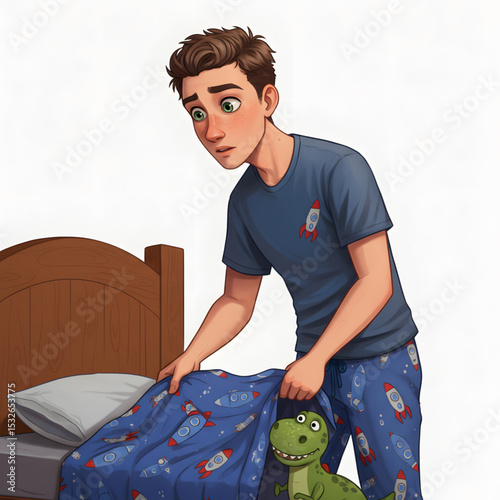 Boy in Pajamas with Spaceship Print, Tucking in Rex Dinosaur Toy at Night