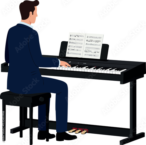 Man Playing Digital Piano with Sheet Music Seated on Stool Vector Illustration 