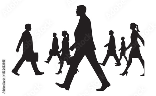 Silhouettes of professionals walking together towards a shared business goal on white background