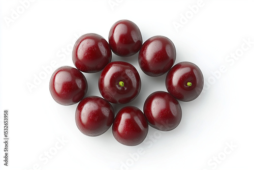 Top view of fresh red cherries arranged in a circle on white background concept ripe produce