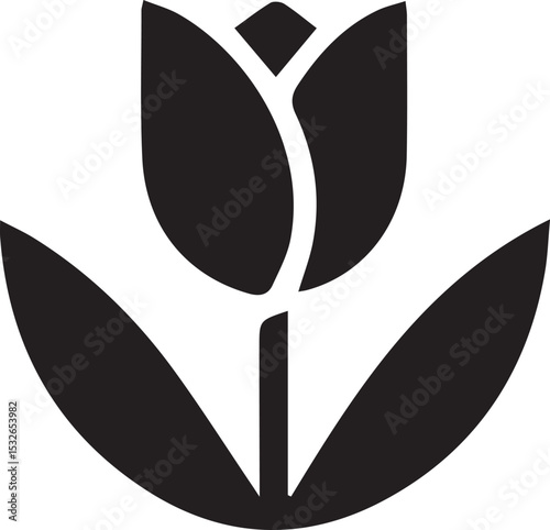 Black and white silhouette of a stylized tulip (Tulipa) featuring a central, upright flower with three petals 