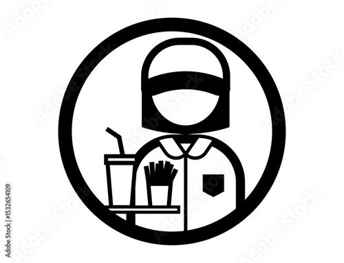 ポテトとジュースを持つファーストフード店員の丸いシンプルなモノクロイラストアイコン