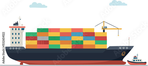 Cargo container ship with tugboat transporting multicolored shipping containers vector illustration 
