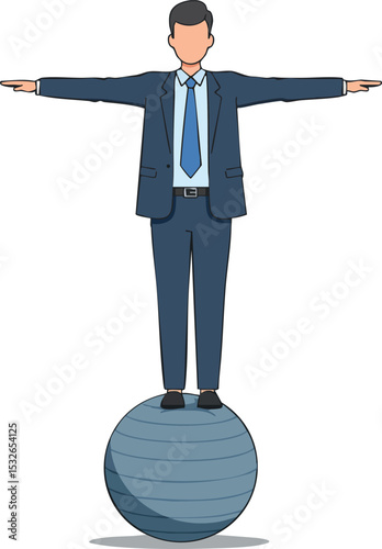 Businessman balancing on exercise ball in blue suit and tie vector illustration 