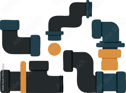 Industrial plumbing pipe fittings vector illustration with black and orange connectors 