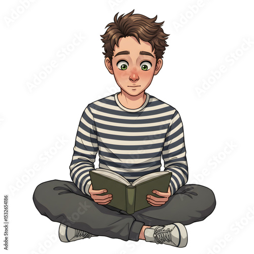 Young Man engrossed in Reading a Book - Illustrated Portrait