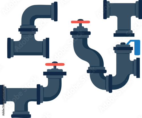 Plumbing pipe connectors with valves and elbow joints vector illustration set 