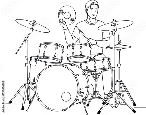 Drummer playing drum set with cymbals holding a drumstick vector illustration black and white line art 