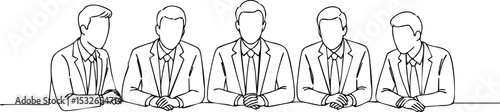 Businessmen in suits sitting around table in continuous line art style vector illustration 
