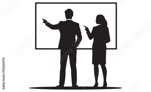 Silhouette business professionals pointing at a presentation board during a meeting
