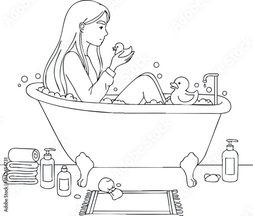 Woman Relaxing in Bathtub with Rubber Ducks and Bath Accessories Vector Illustration 
