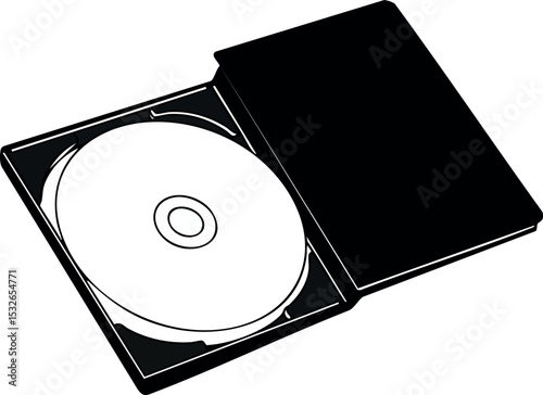 Open black DVD case with visible disc inside simple vector illustration