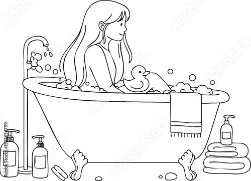 Woman Relaxing in Bathtub with Bubbles and Rubber Duck Vector Illustration 