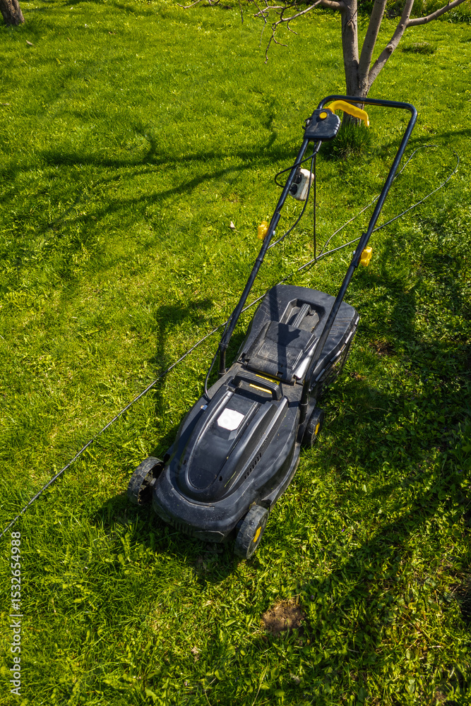 Fototapeta premium Lawn mower in use on sunny garden grass