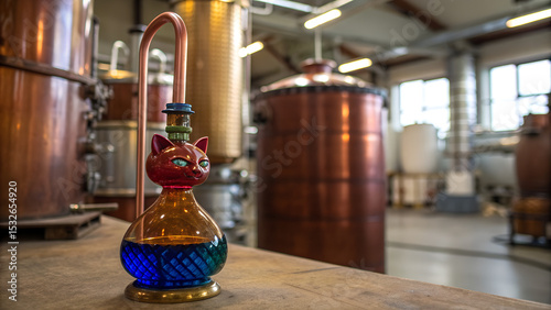 Alchemical cat-shaped glass alembic distilling on oxidized copper background with bubbling elixir for International Cat Day with copy space