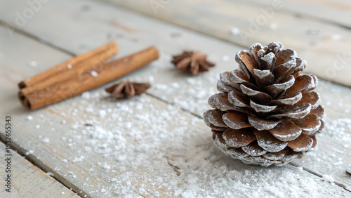Cozy Christmas minimalist frosted pinecone on birchwood table with snow and cinnamon stick at 45° angle under soft light with copy space