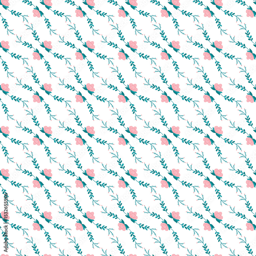 Fototapeta premium Seamless Floral Pattern with Pink Flowers and Green Leaves on White Background