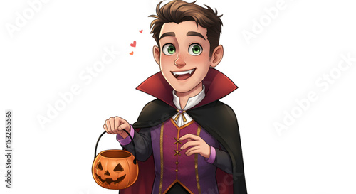 Adorable Cartoon Vampire Boy in Halloween Costume with Candy Bucket