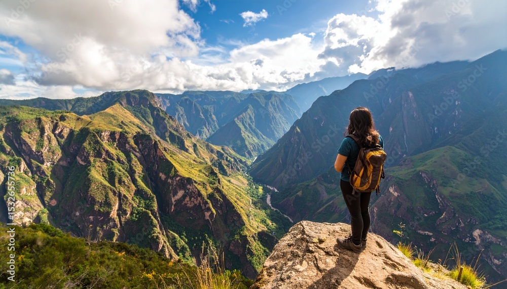 Naklejka premium Hiker at Overlook Above Green Valley with Distant Mountains under Cloudy Sky