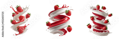 Strawberry juice mixed with white milk in spiral form and whole strawberries in the air on a transparent background